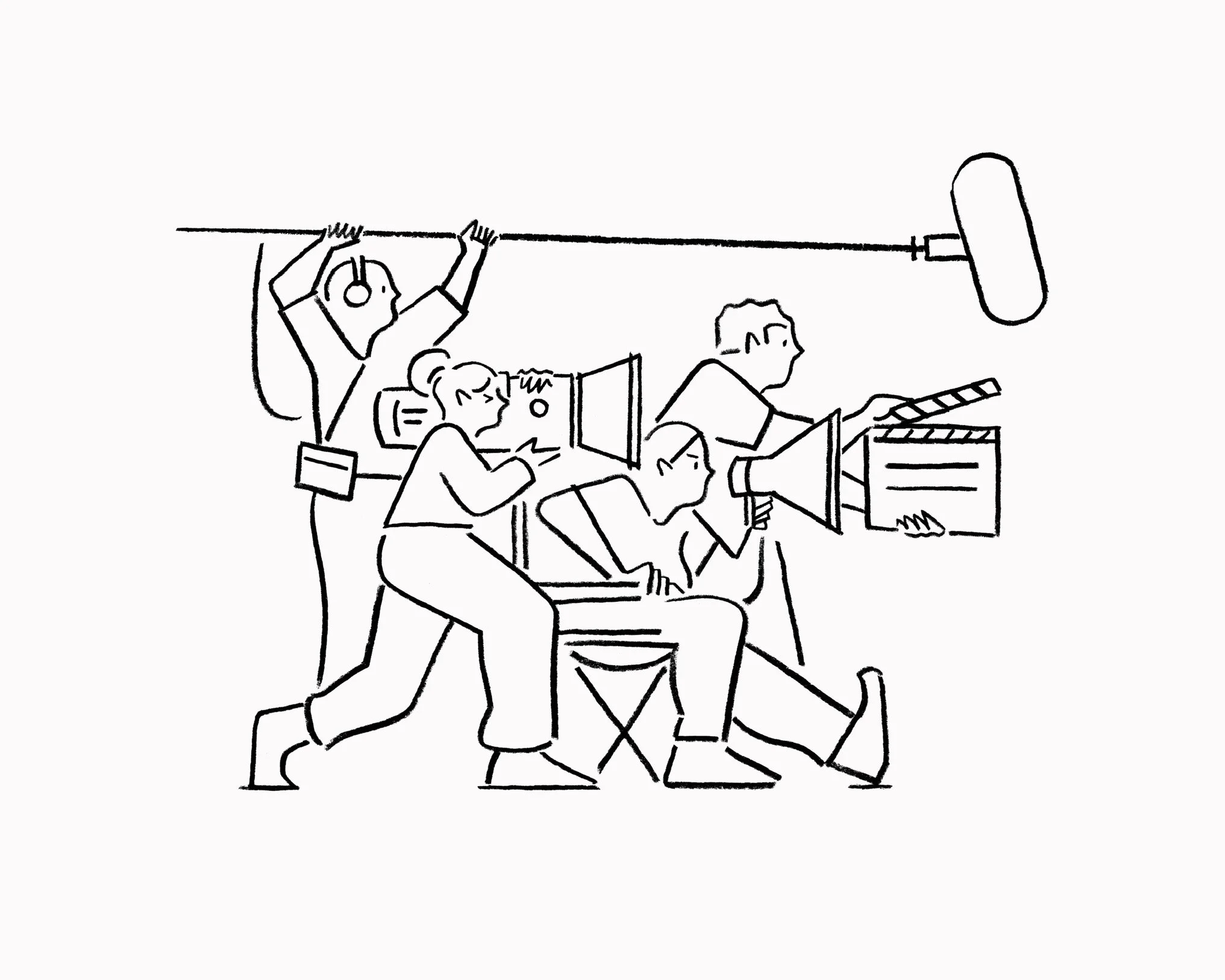 Line drawing of a film crew on set, with three people operating cameras and equipment, and one person holding a clapperboard.