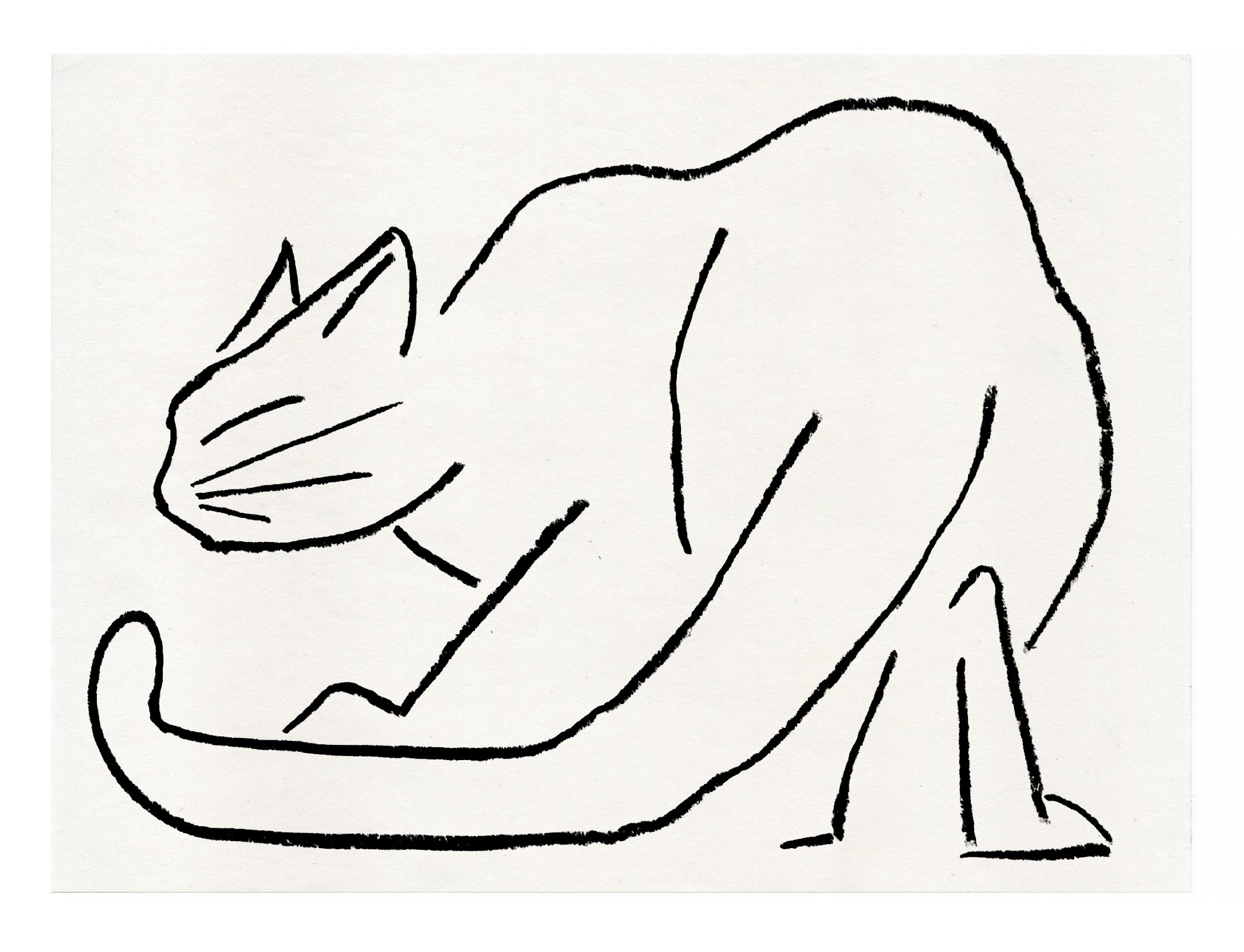 Simple black line drawing of a cat stretching, facing left with eyes closed.