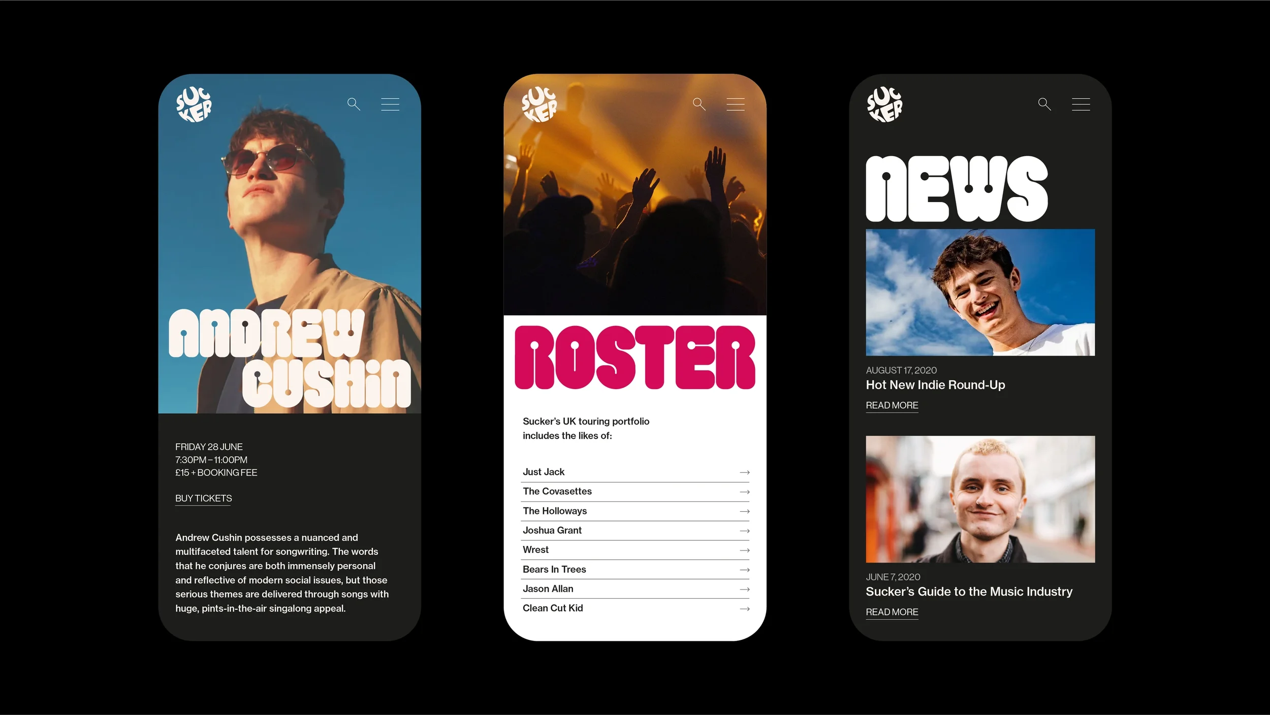 Three mobile screens displaying a music or entertainment website with images of young men and concert scenes. The first screen features a young man with sunglasses and the name Andrew Cushin. The second screen showcases a concert crowd with the word 