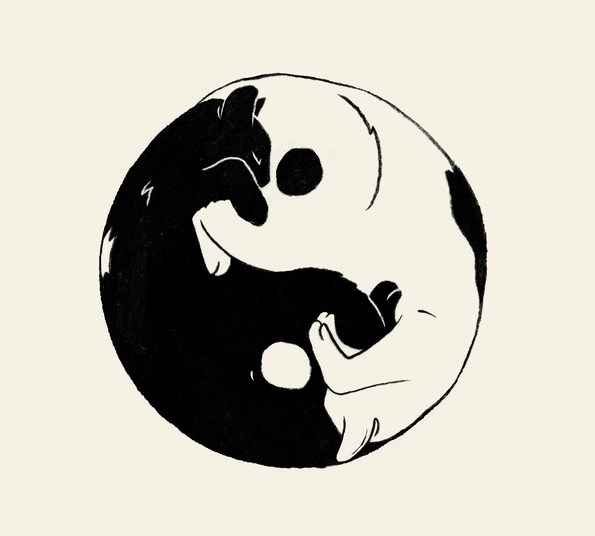Drawing of a black and white wolf curled around a yin-yang symbol.