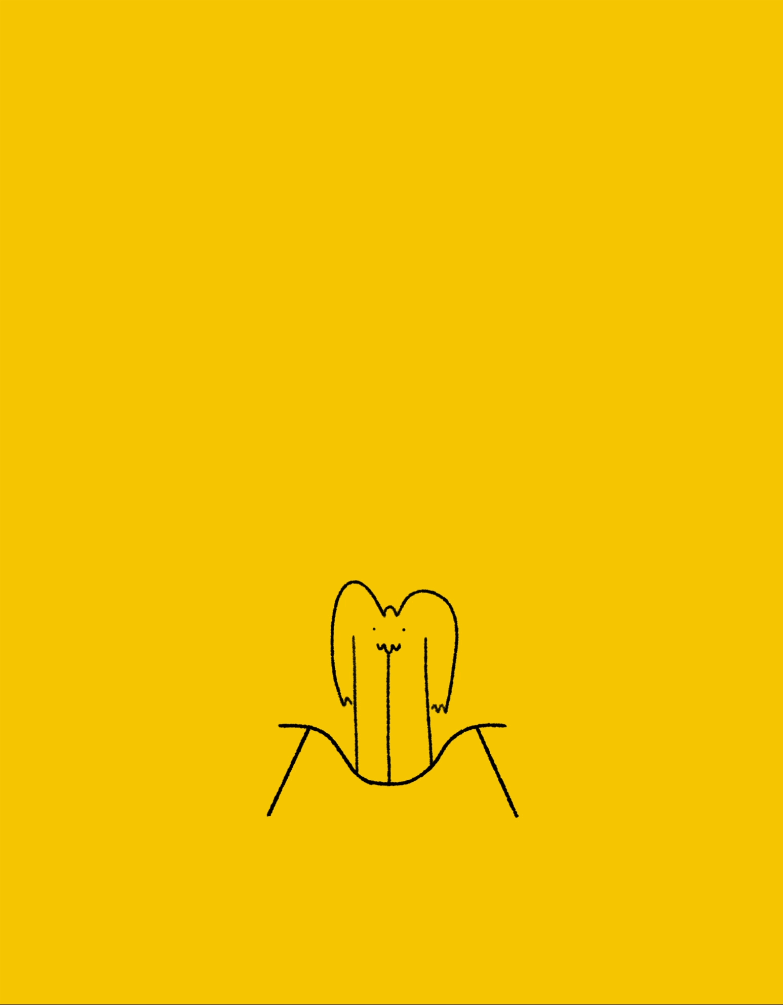 Minimalist illustration of a yellow background with a simple black line drawing of a cat sitting on a mountain, with a cute face and ears.