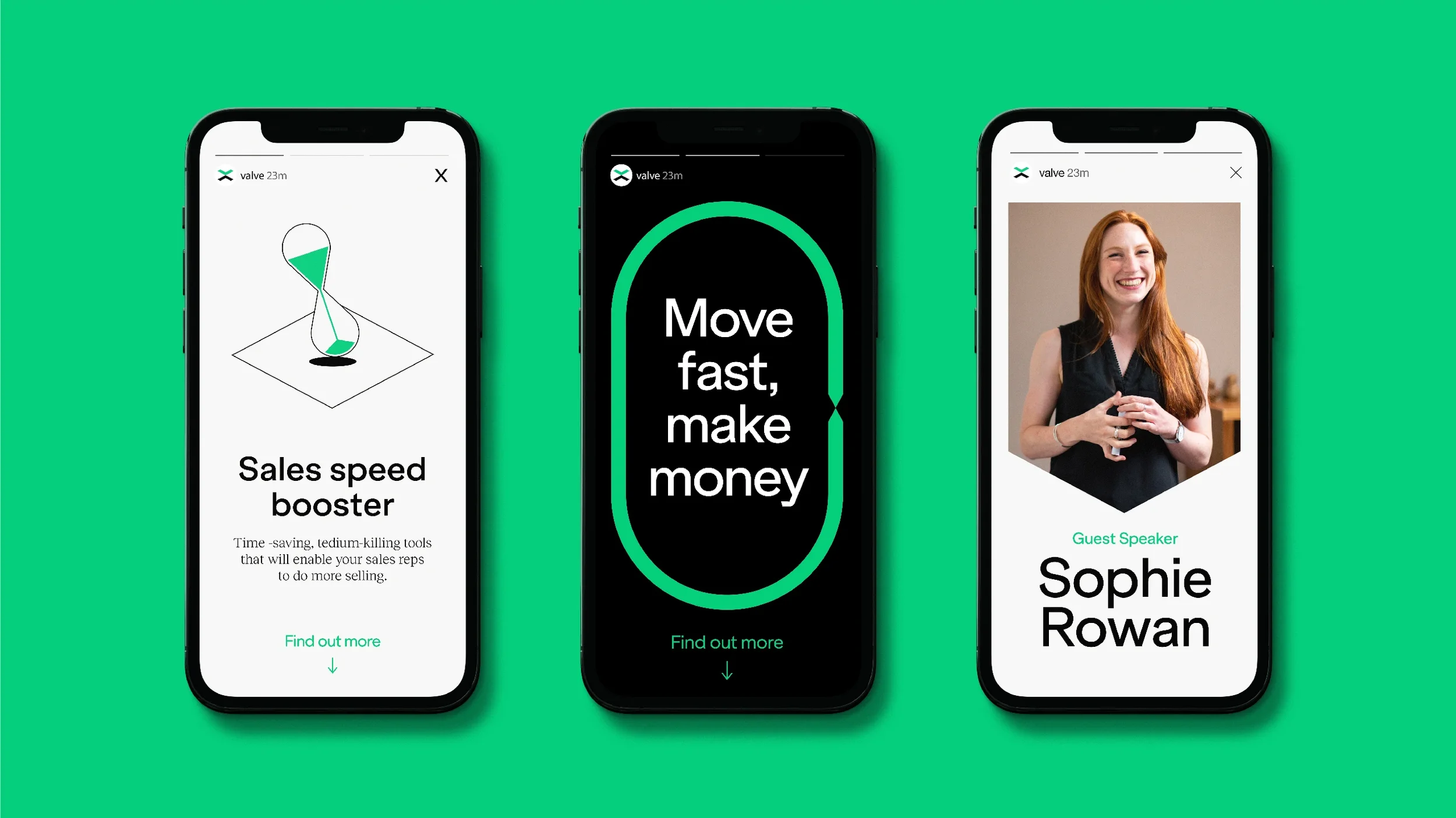 Three smartphones displaying a mobile app interface with a green background. The first phone shows a sales speed booster screen with a timer and a funnel graphic. The second phone displays a motivational message "Move fast, make money" inside a large