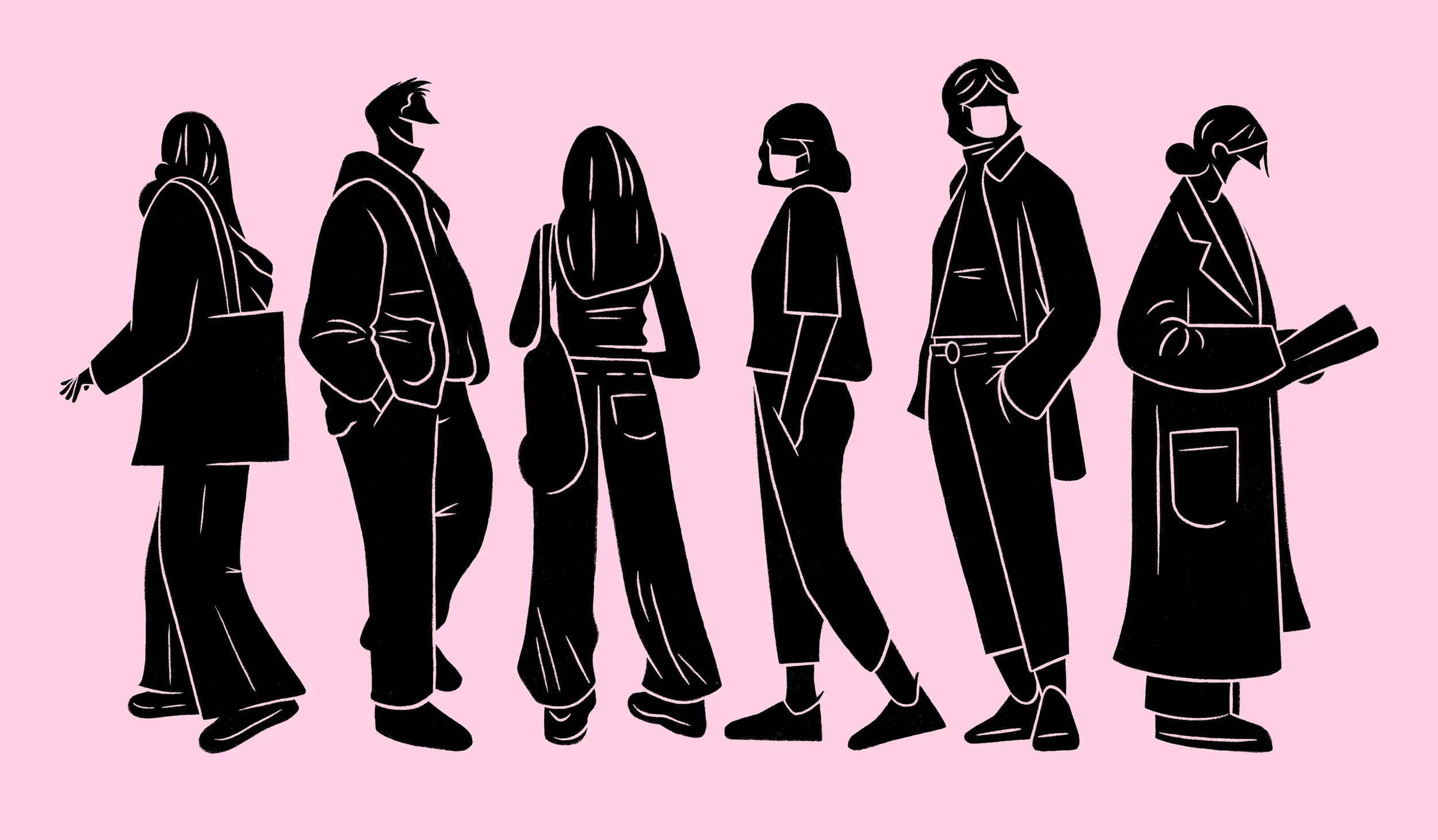 Silhouette of six diverse people standing in a line, each wearing masks and casual clothing, set against a pink background.