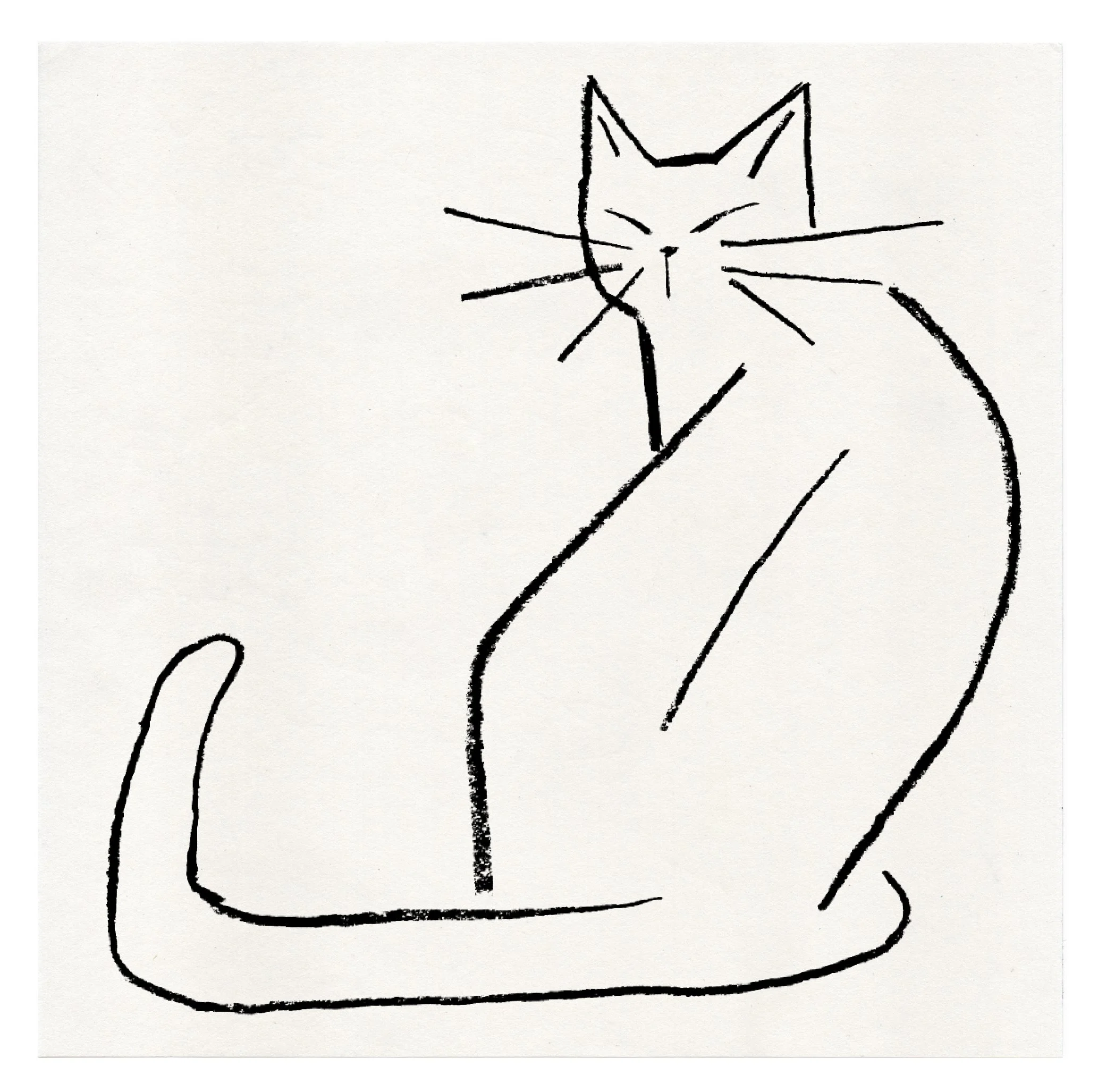 Simple black line drawing of a cat sitting, with its eyes closed and ears pointed, on a white background.