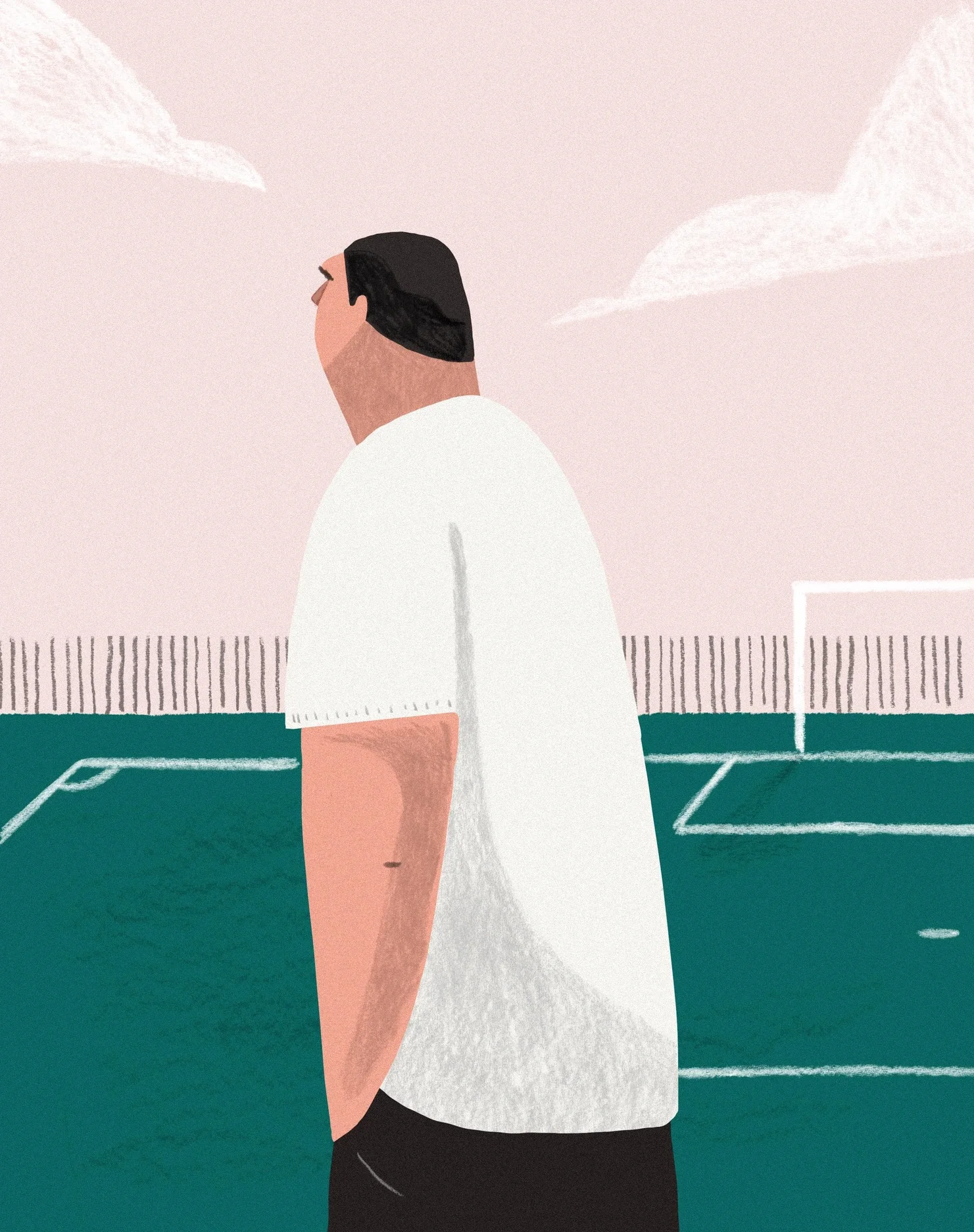 A person standing on an outdoor tennis court with a fence and cloudy sky in the background.