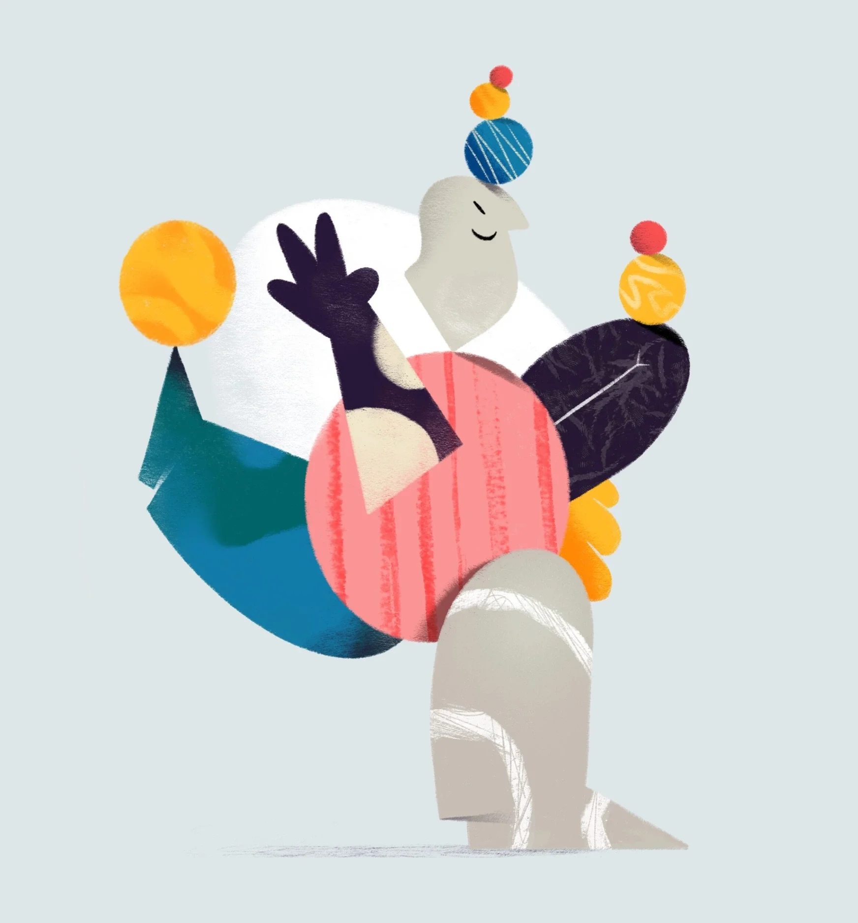 Abstract illustration of a person with a large white head, wearing a striped red shirt, black gloves, and beige pants, balancing colorful balls on various body parts with eyes closed.