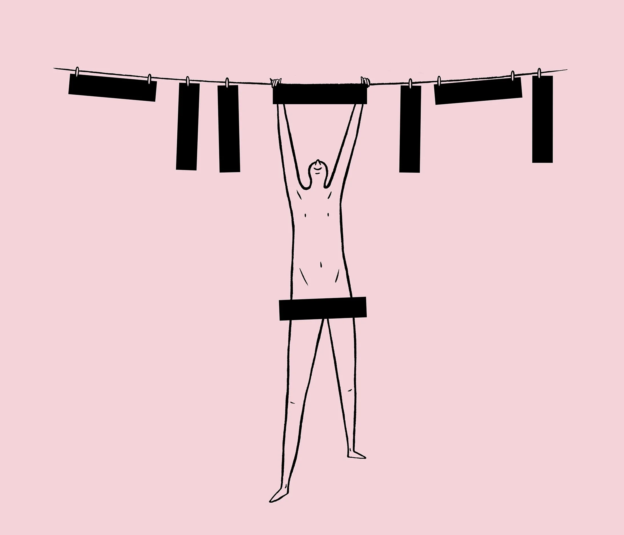 Illustration of a nude person hanging from a clothesline, holding onto it with both hands, with rectangular black cloth pieces hanging on the line against a pink background.