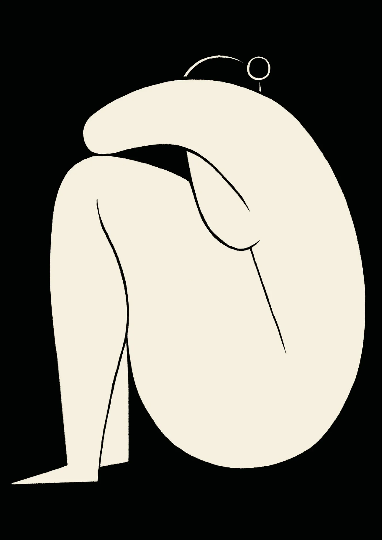 Minimalist line drawing of a person sitting with their head resting on their knees, against a black background.
