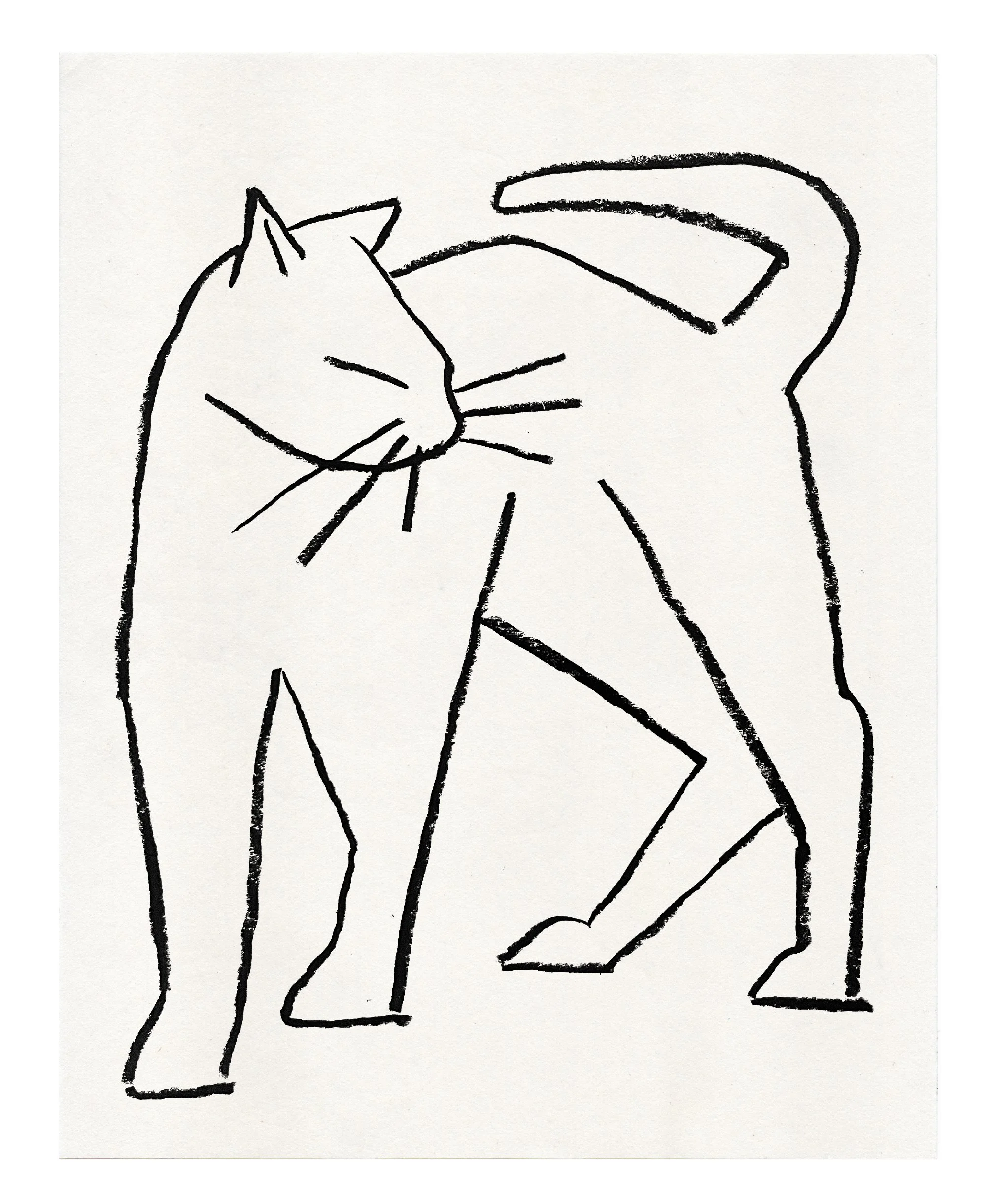 Black line drawing of a cat with closed eyes and a raised tail, standing with one front paw lifted.
