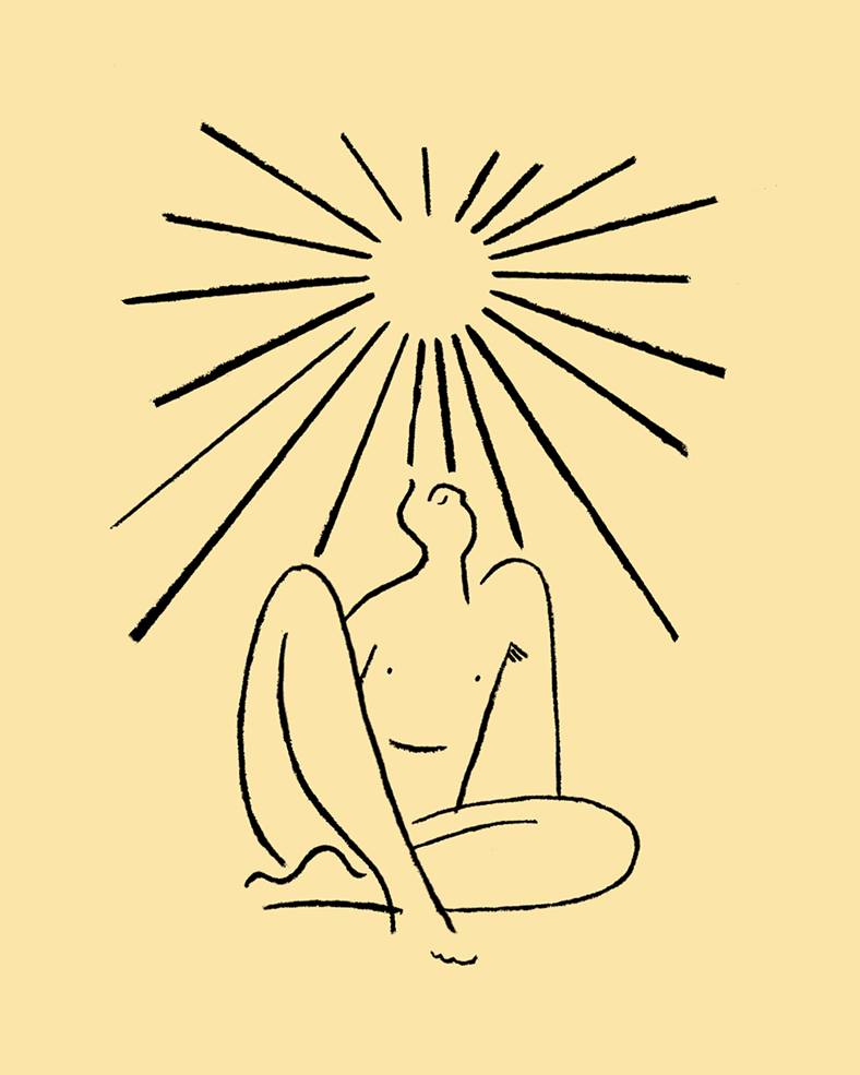 Line drawing of a person sitting cross-legged with a radiant sun or burst of light above their head.