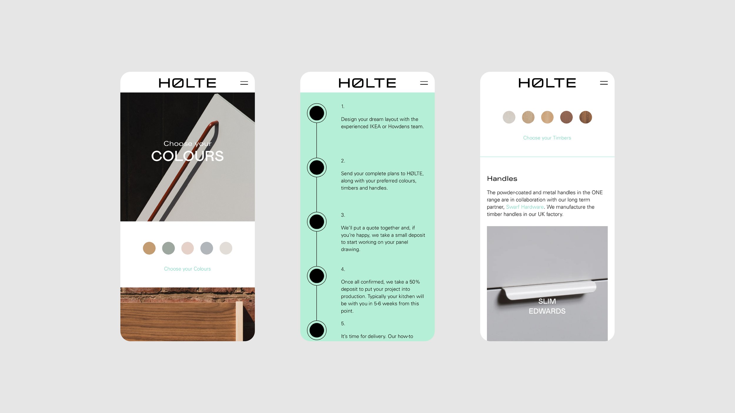 Three mobile app interface screens for HOLTE, showing color options, design steps, and handle selections in a minimalist style.