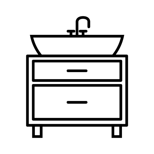 Line drawing of a bathroom sink with a faucet, mounted on a cabinet with two drawers.