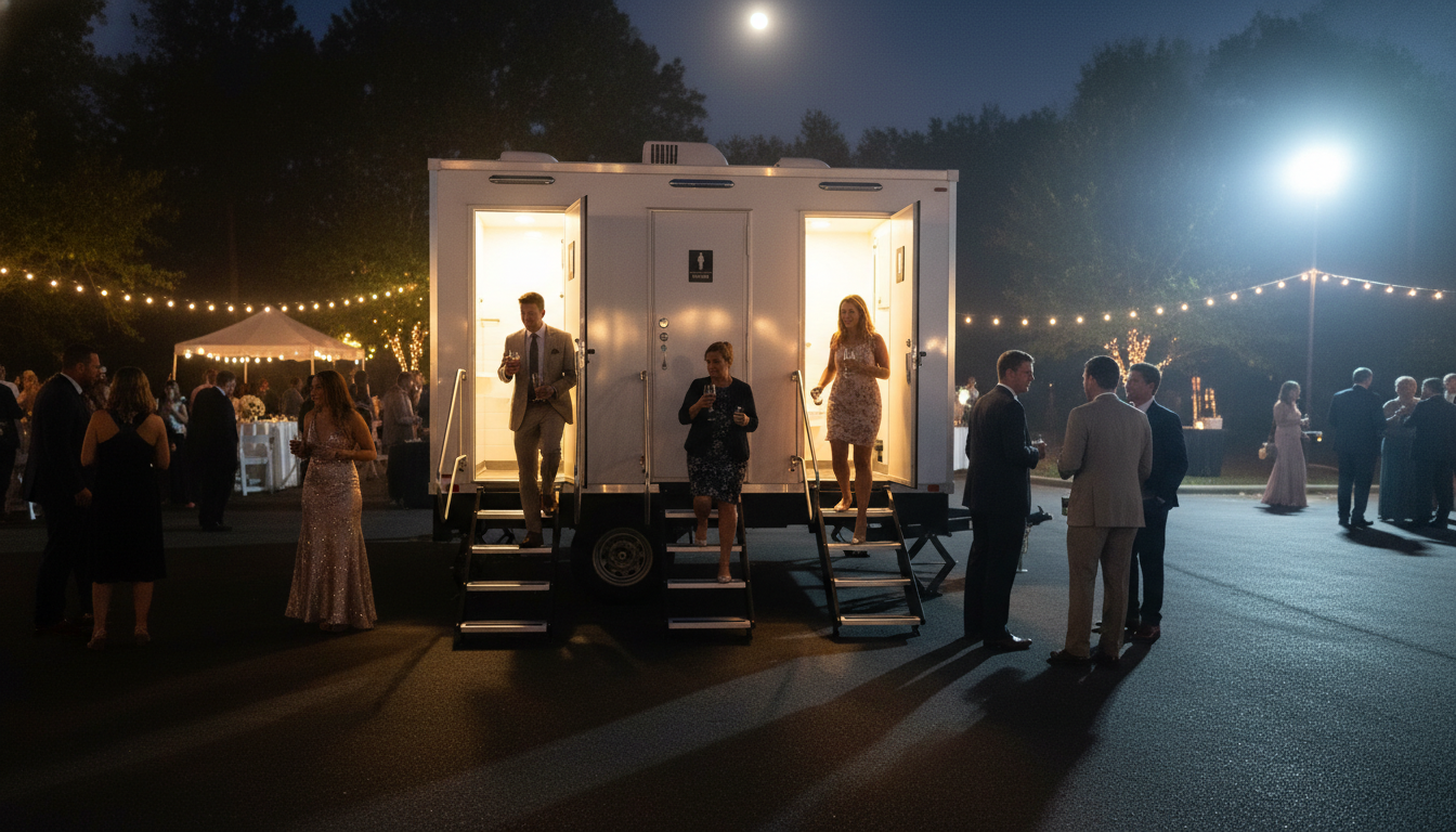 People dressed in formal attire at an outdoor nighttime event, some exiting portable restrooms, with string lights and trees in the background under a full moon.