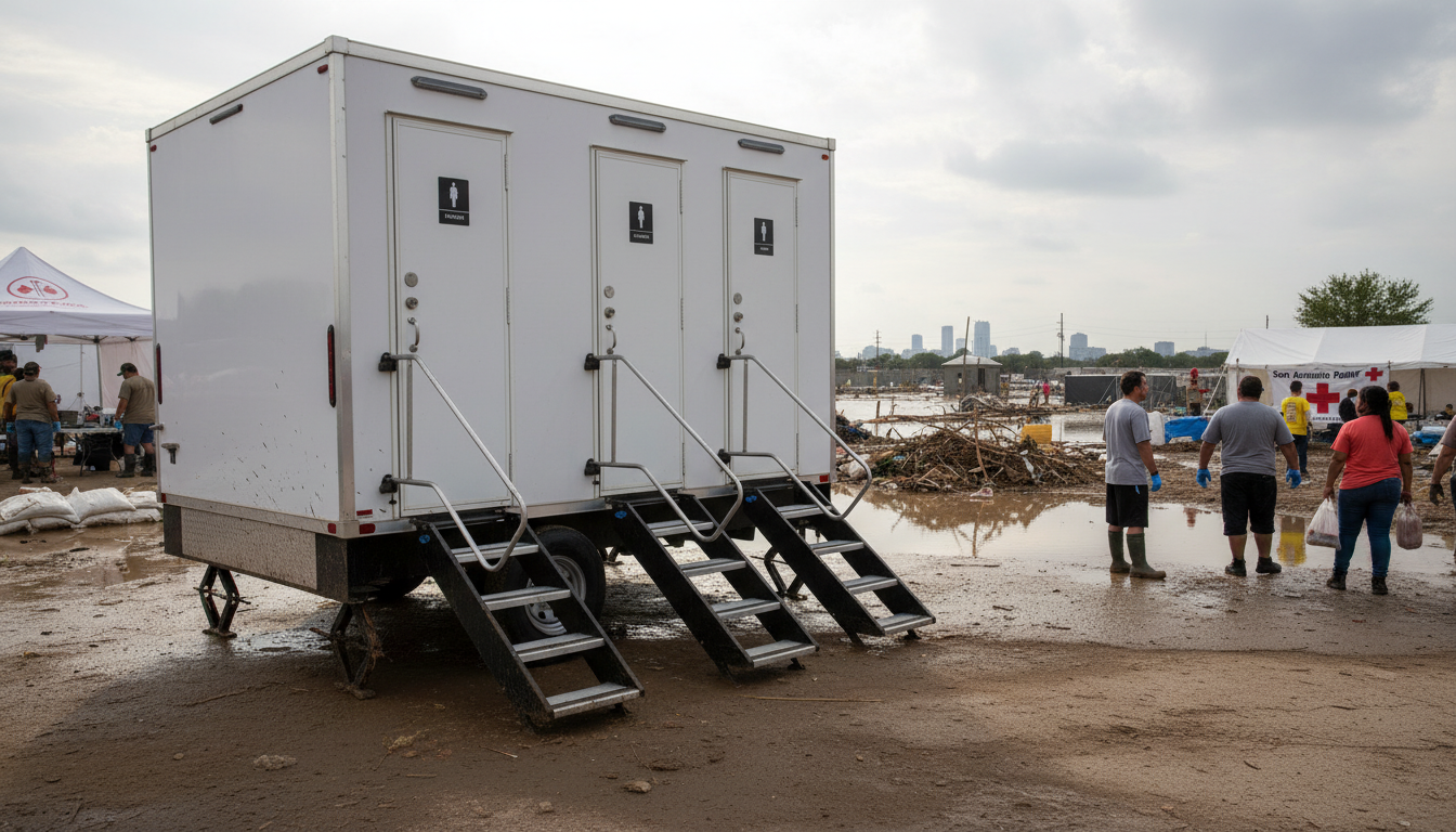 A portable restroom trailer in San Antonio, TX after a flood
