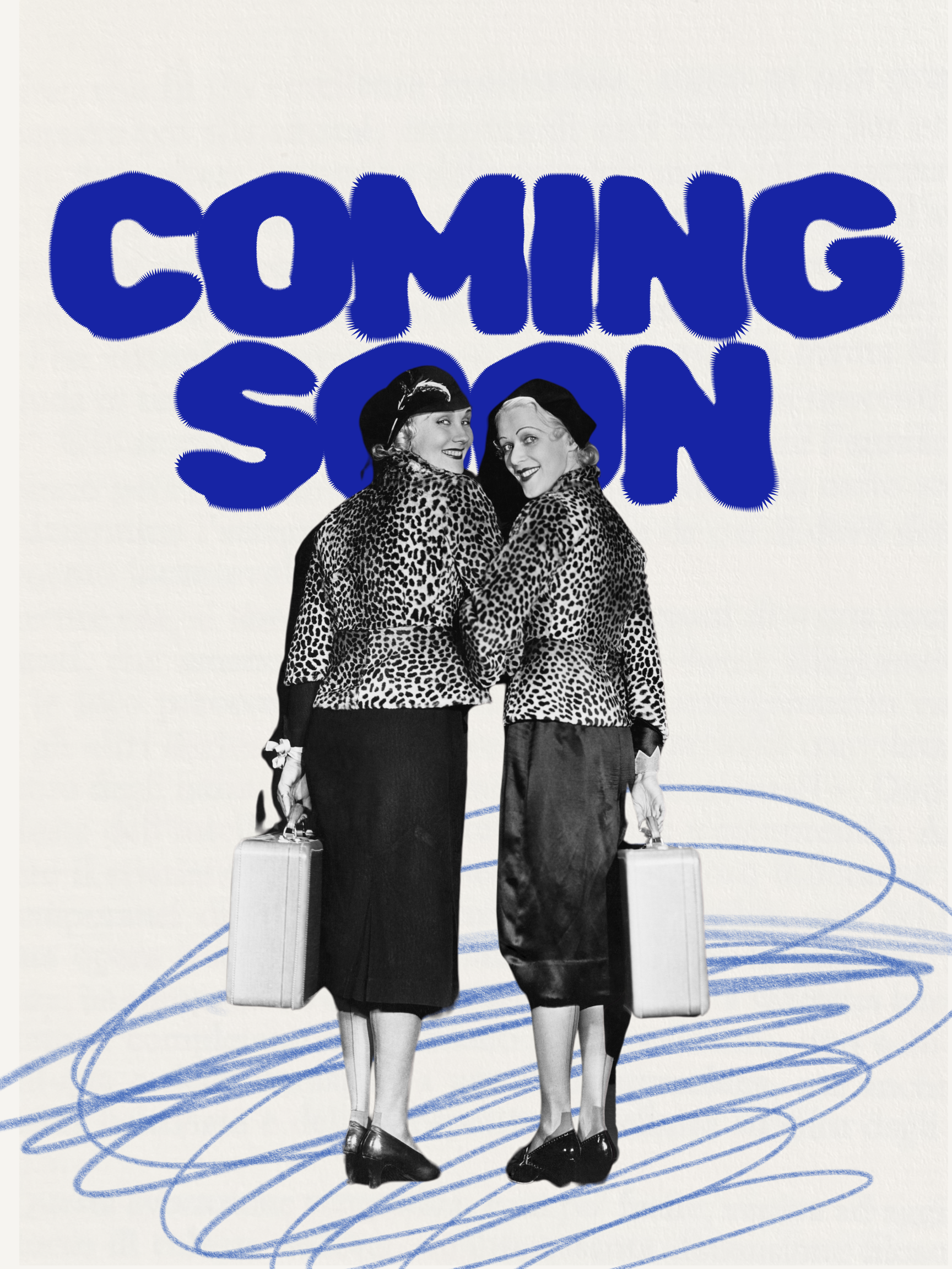 Two women in vintage clothing with leopard print jackets and black skirts, each holding a briefcase, standing back to back in front of a sign that says "Coming Soon" in bold blue letters.