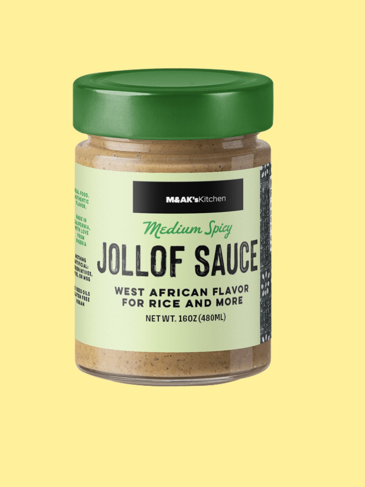 A jar of Jollof sauce with a green lid, labeled as medium spicy, West African flavor for rice and more, by M&AK's Kitchen.