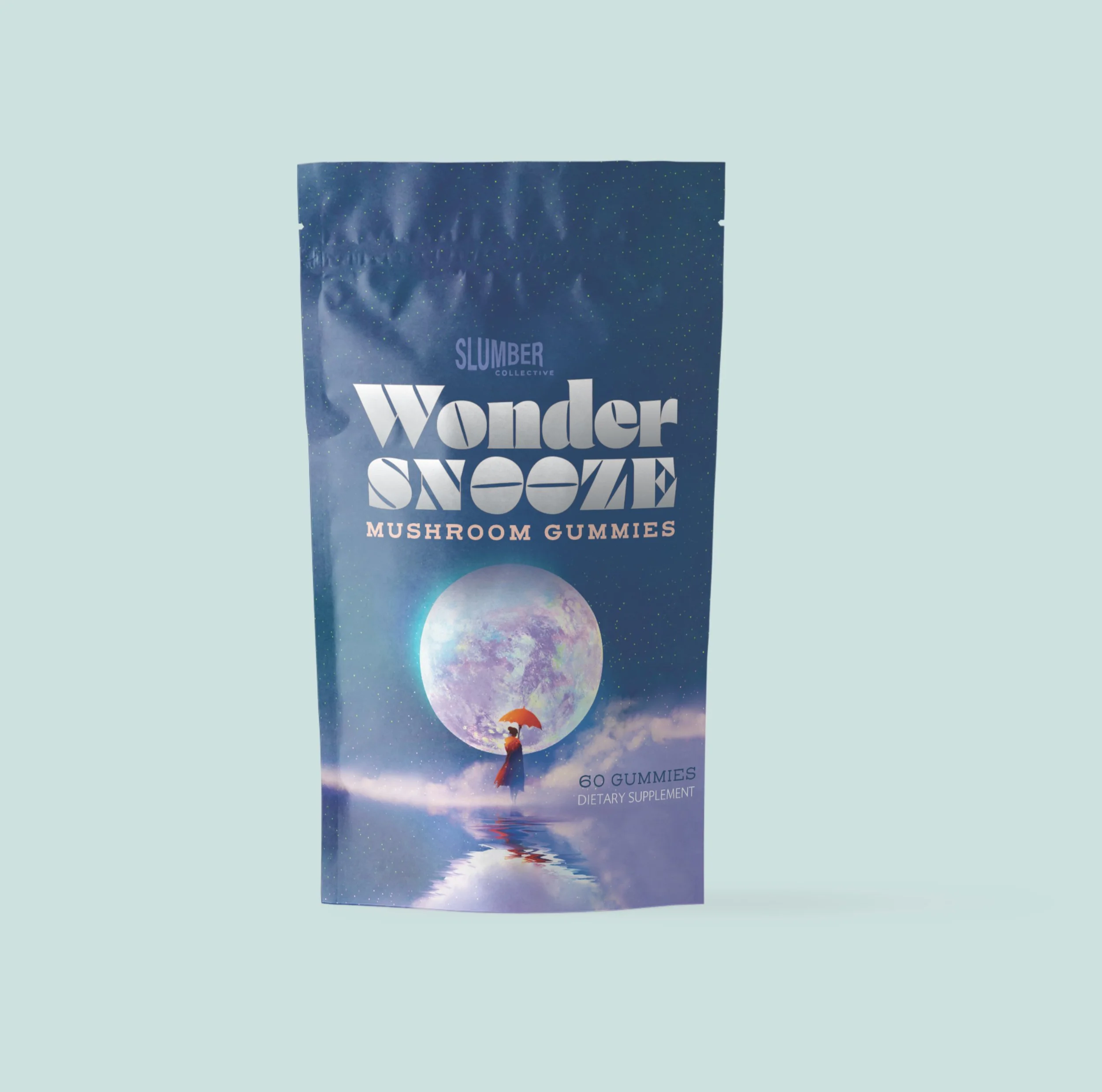 Sachet pouch packaging design for mushroom gummies labeling featuring a dreamy moonlit sky compliant adaptogen packaging design