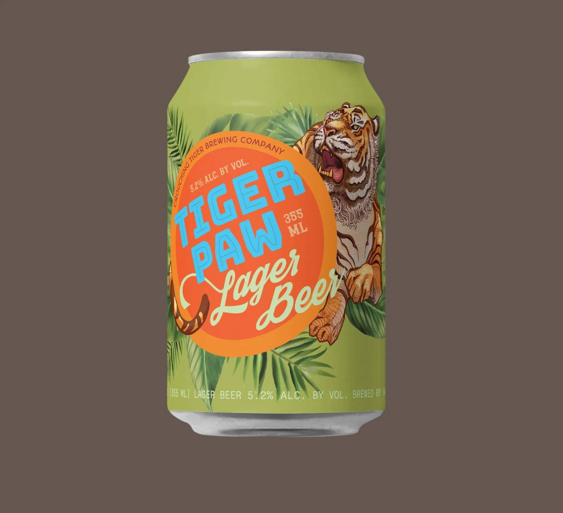 Can of Tiger Paw Lager Beer with a label featuring a cartoon tiger and tropical foliage, 355 ml, 5.2% alcohol.