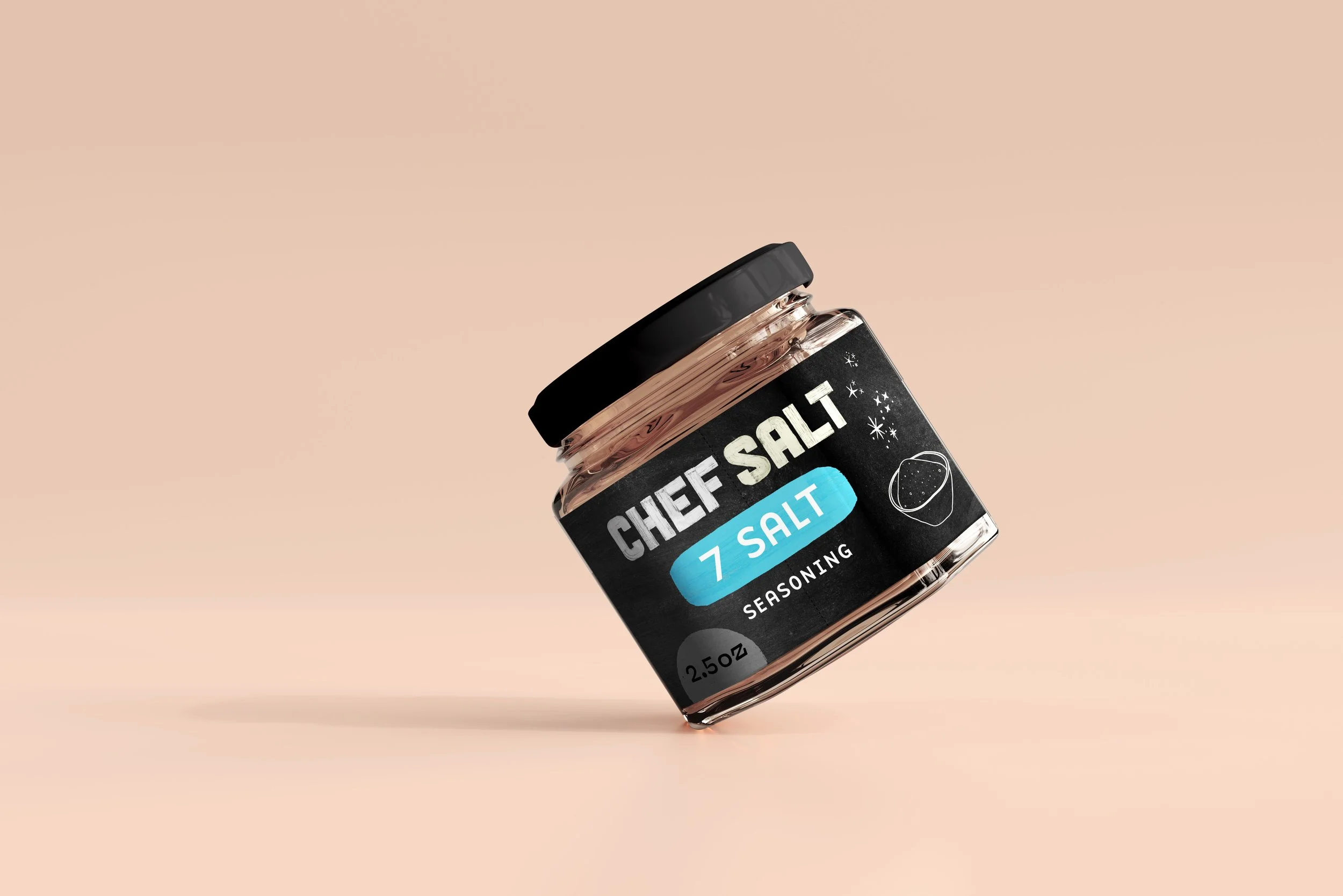 A jar of Chef Salt 7 Salt seasoning on a light peach background, tilted with a black lid and black label featuring blue and white text.