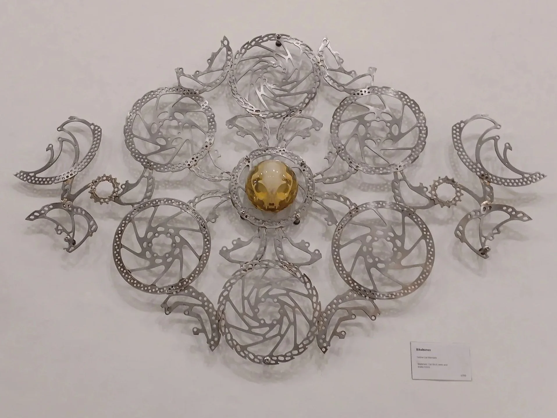 Art sculpture made of bicycle brake discs and a yellow resin sphere with a real cat skull, arranged in a symmetrical, floral pattern on a white wall.