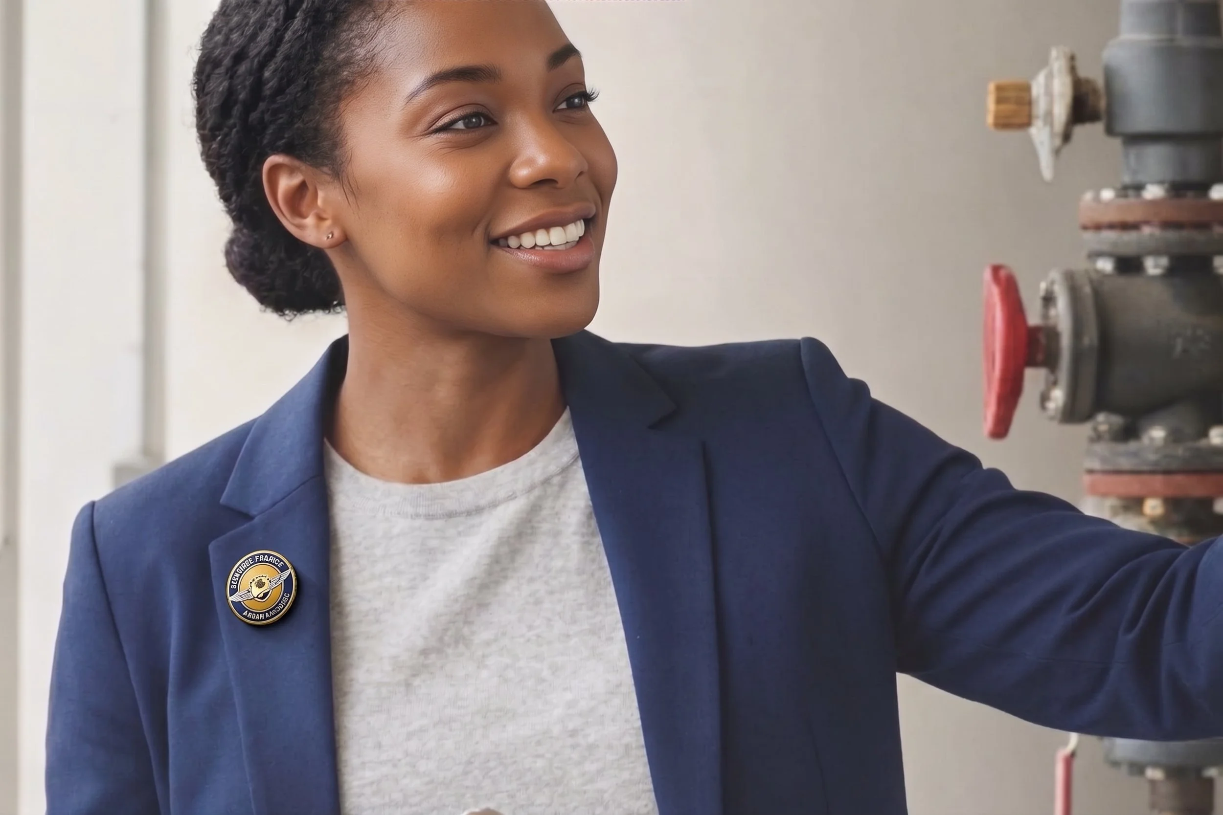 A woman with short, curly hair smiling as she works on a piece of machinery. She is wearing a navy blazer with a badge and a gray shirt underneath.
