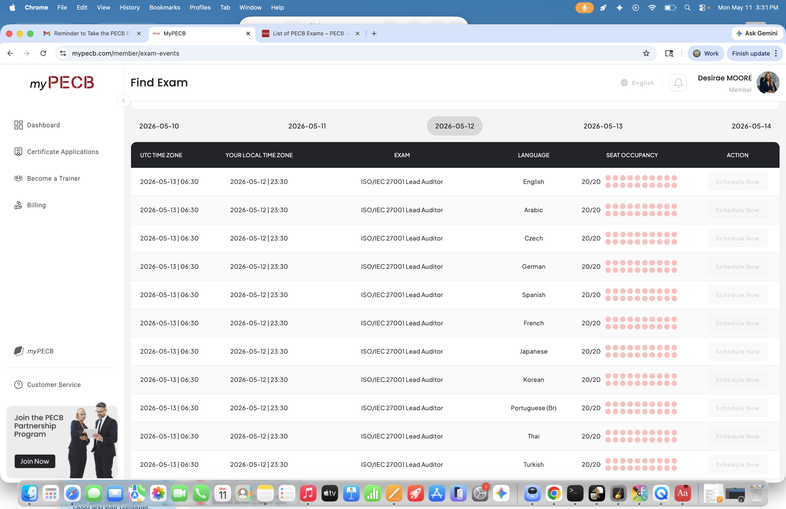 A screenshot of a computer screen showing a webpage with a schedule of upcoming exams for language proficiency testing, including dates, times, languages, and seat occupancy. The webpage is titled 'Find Exam' and has a sidebar with menu options like Dashboard, Certificate Applications, Become a Trainer, Billing, Customer Service. The screen also displays browser tabs and a dock with various application icons.