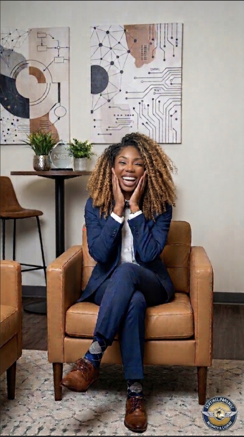 A woman with curly hair sitting on a tan leather armchair, smiling, with her hands on her face. She is wearing a navy blue blazer, plaid pants, and brown shoes. Behind her is a wall with abstract scientific artwork, and to her left is a small table with potted plants. The logo in the bottom right corner reads "FUTUREFEL-PANDAV".