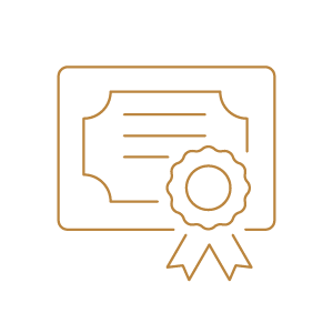 Icon of a certificate with a ribbon and seal, outlined in gold on a black background.