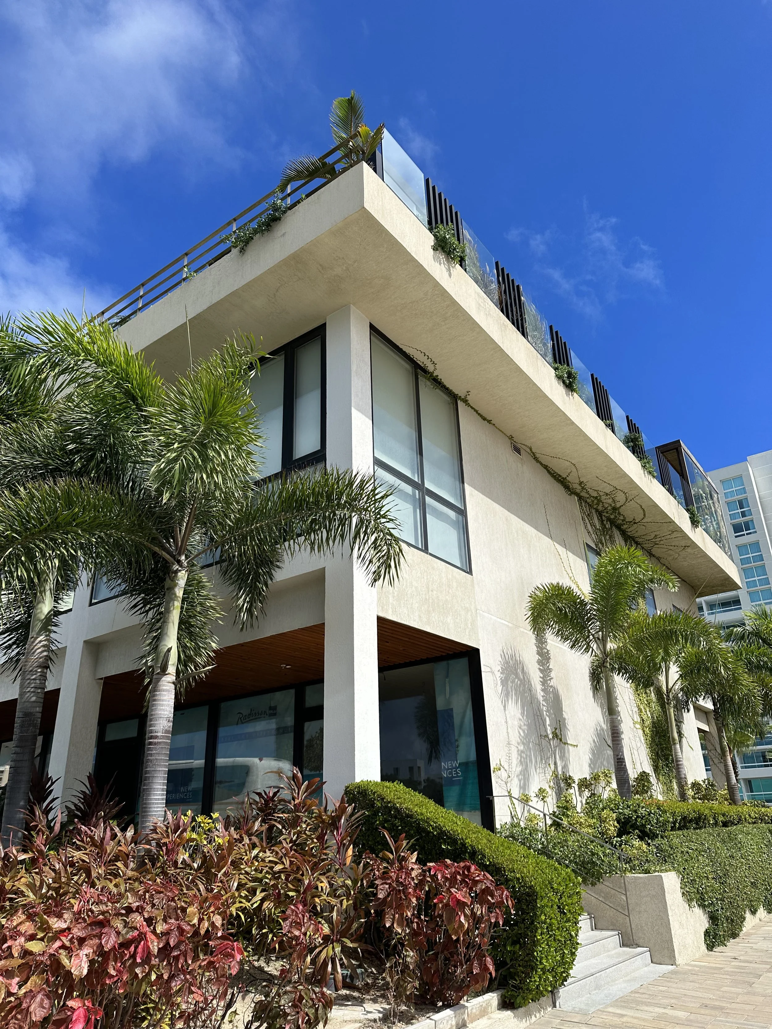 A modern multi-story building with large glass windows, surrounded by palm trees and landscaped bushes, under a clear blue sky.
