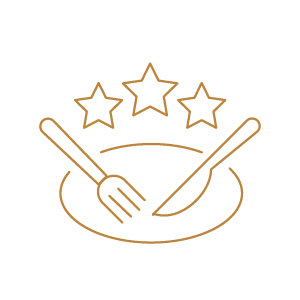 Illustration of a plate with a fork and knife crossed, and three stars above it