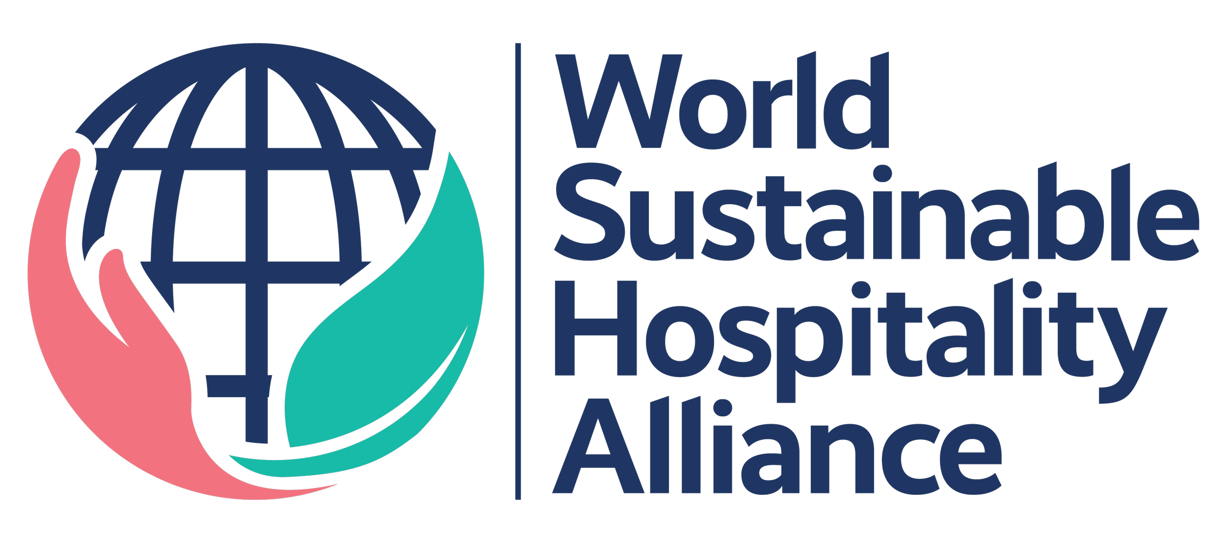 Logo of the World Sustainable Hospitality Alliance, featuring a stylized globe cradled by a pink hand and a teal leaf, with the organization's name next to it.