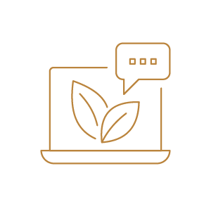 Outline of a laptop with leaves on the screen and a speech bubble above.