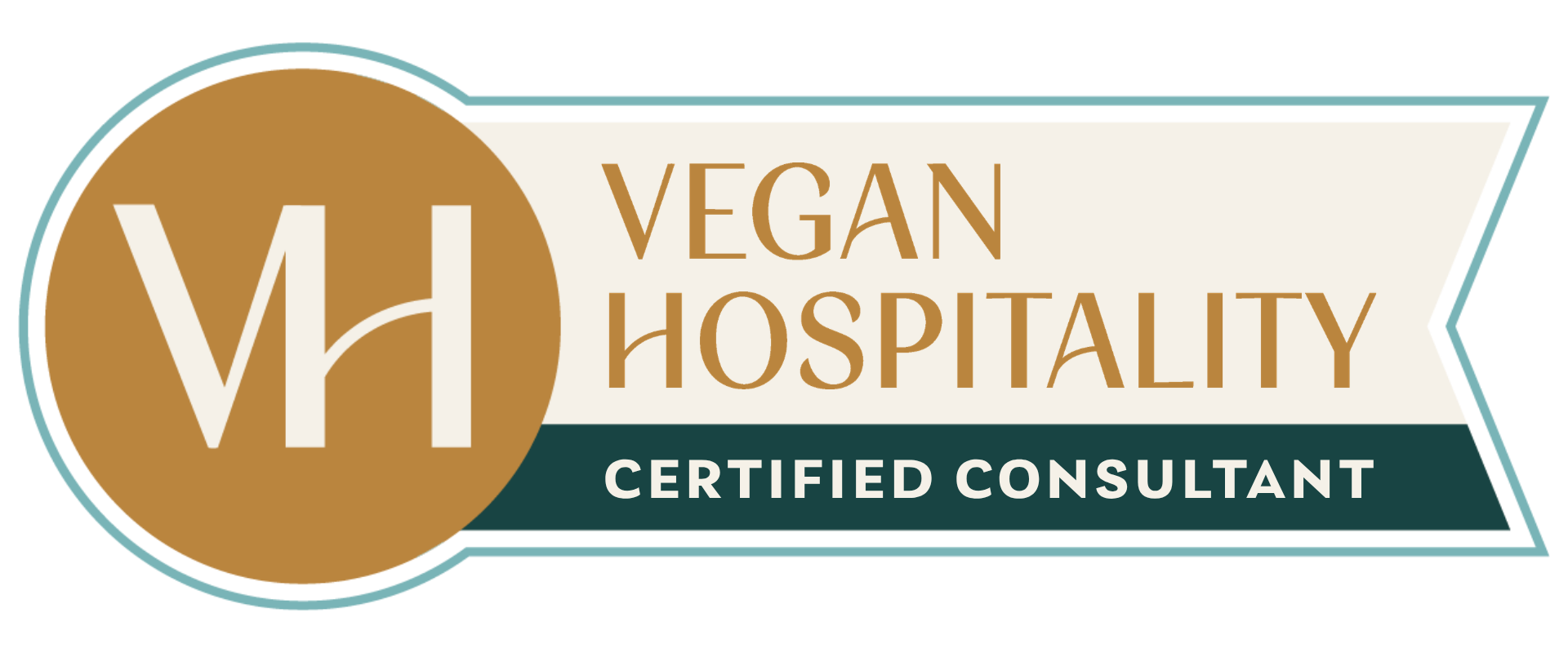 Logo for Vegan Hospitality, a certified consultant, with a gold circle containing white initials 'VH' and the words 'Vegan Hospitality' in brown and 'Certified Consultant' in white on a green background.