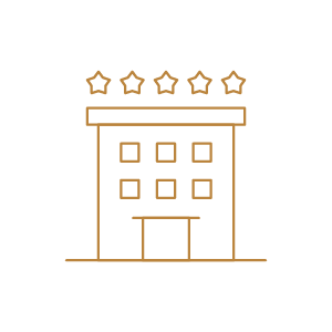 Hotel building with five stars above it, indicating a luxury or high-rated hotel.