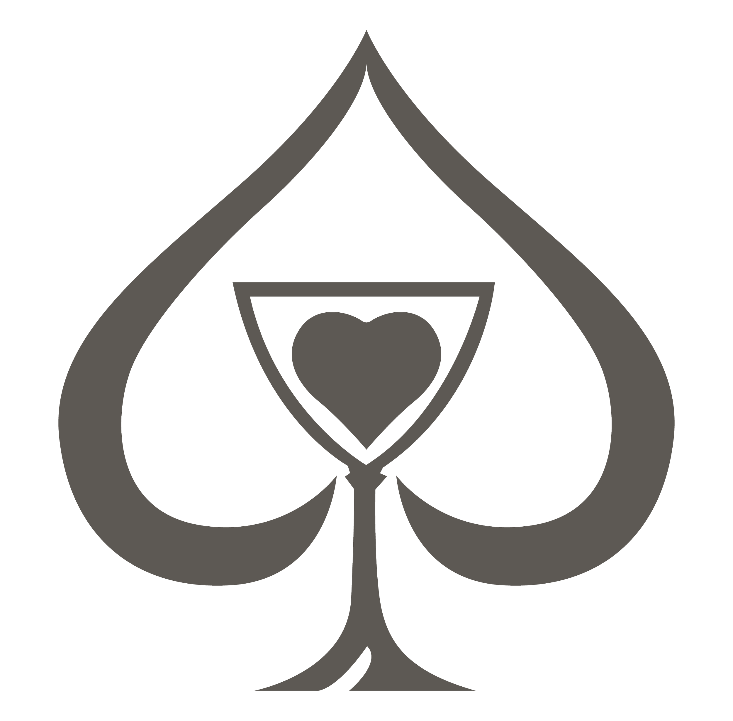 A stylized drawing of a spade with a heart inside, with a separate small heart in the middle of the spade.