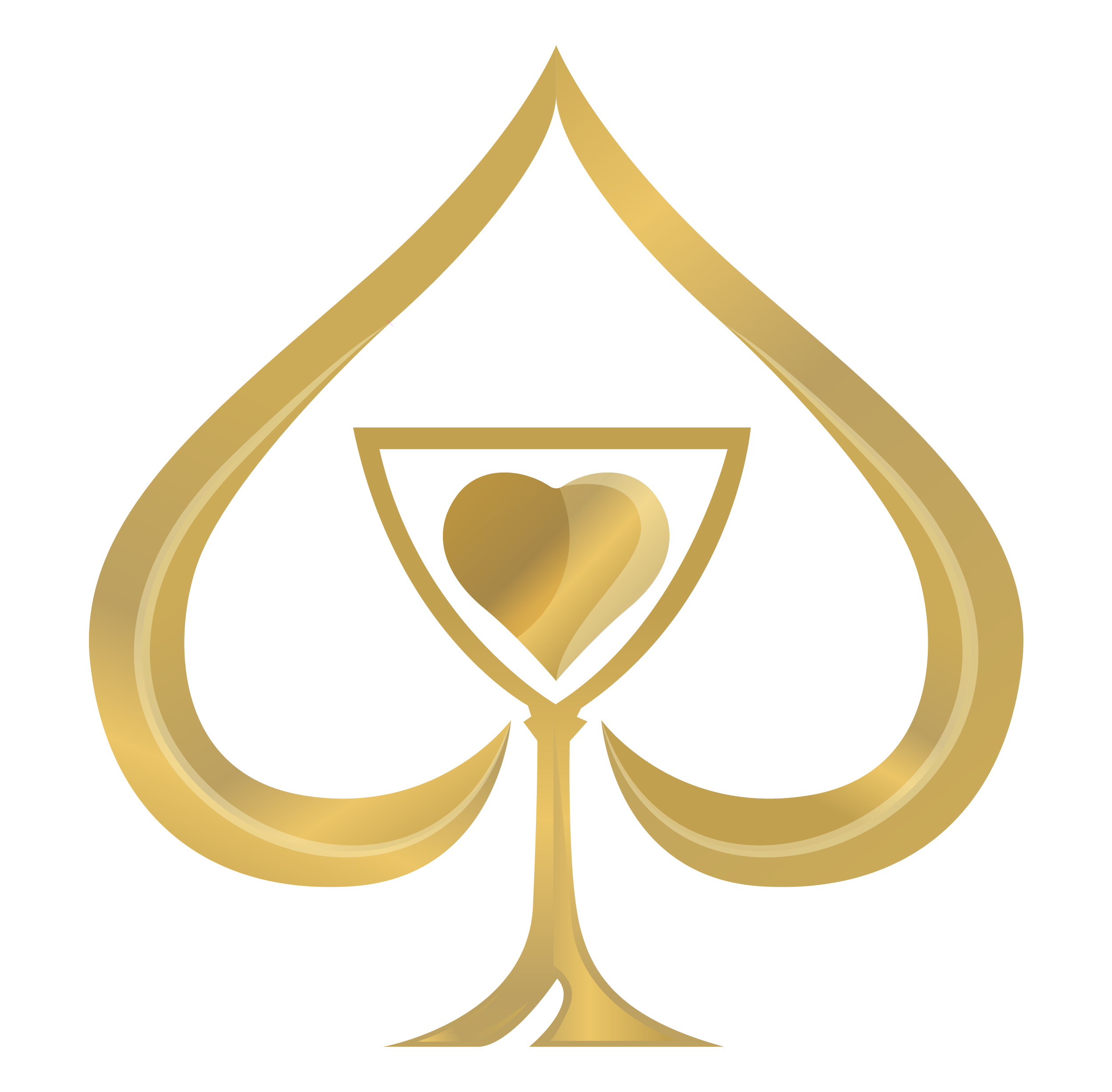 Gold decorative emblem with a heart inside a wine glass shape, framed by large spade suits on each side.