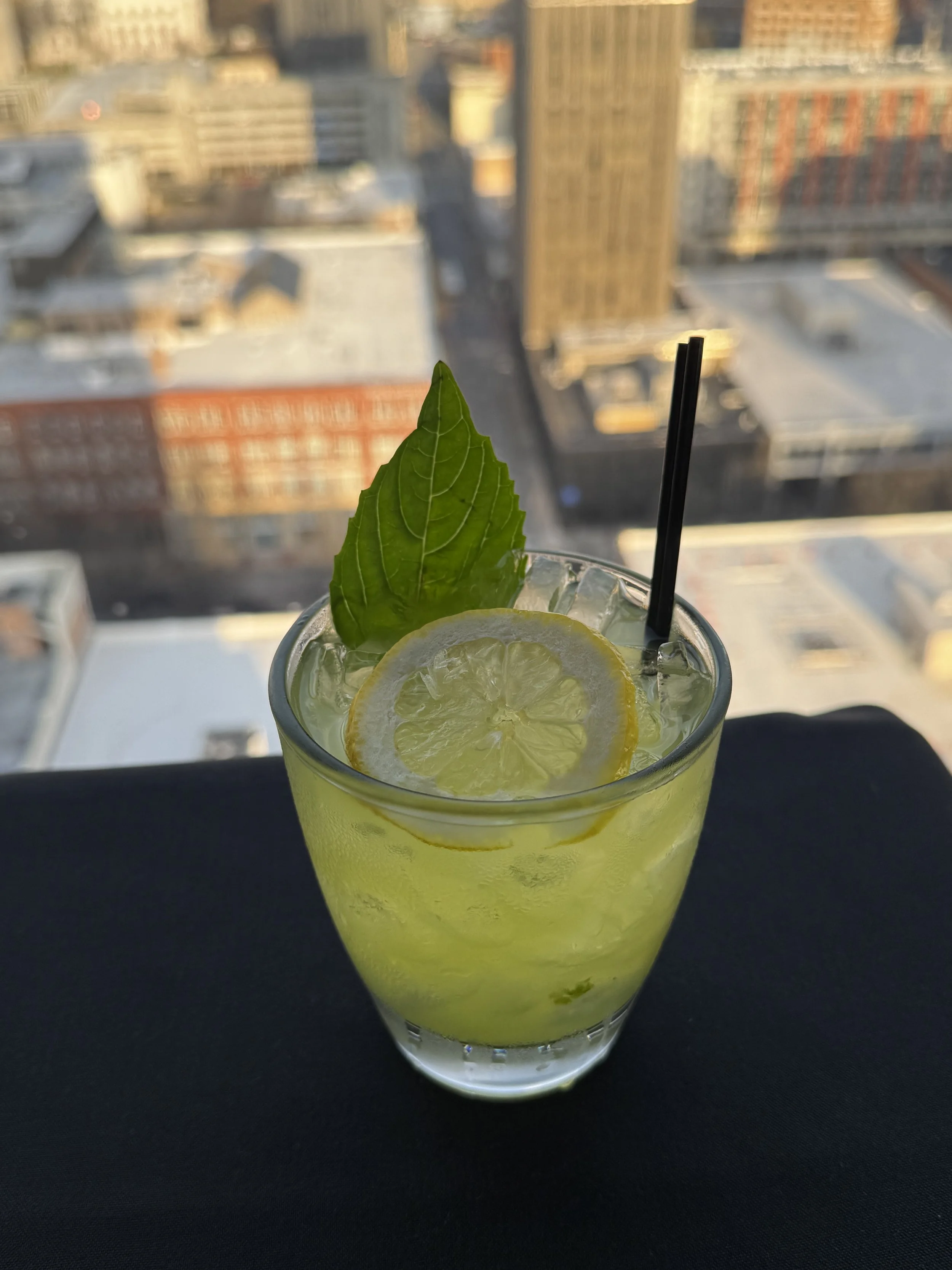 A glass of lemonade with lemon slices, mint leaf, ice, and a straw, with a cityscape view in the background.