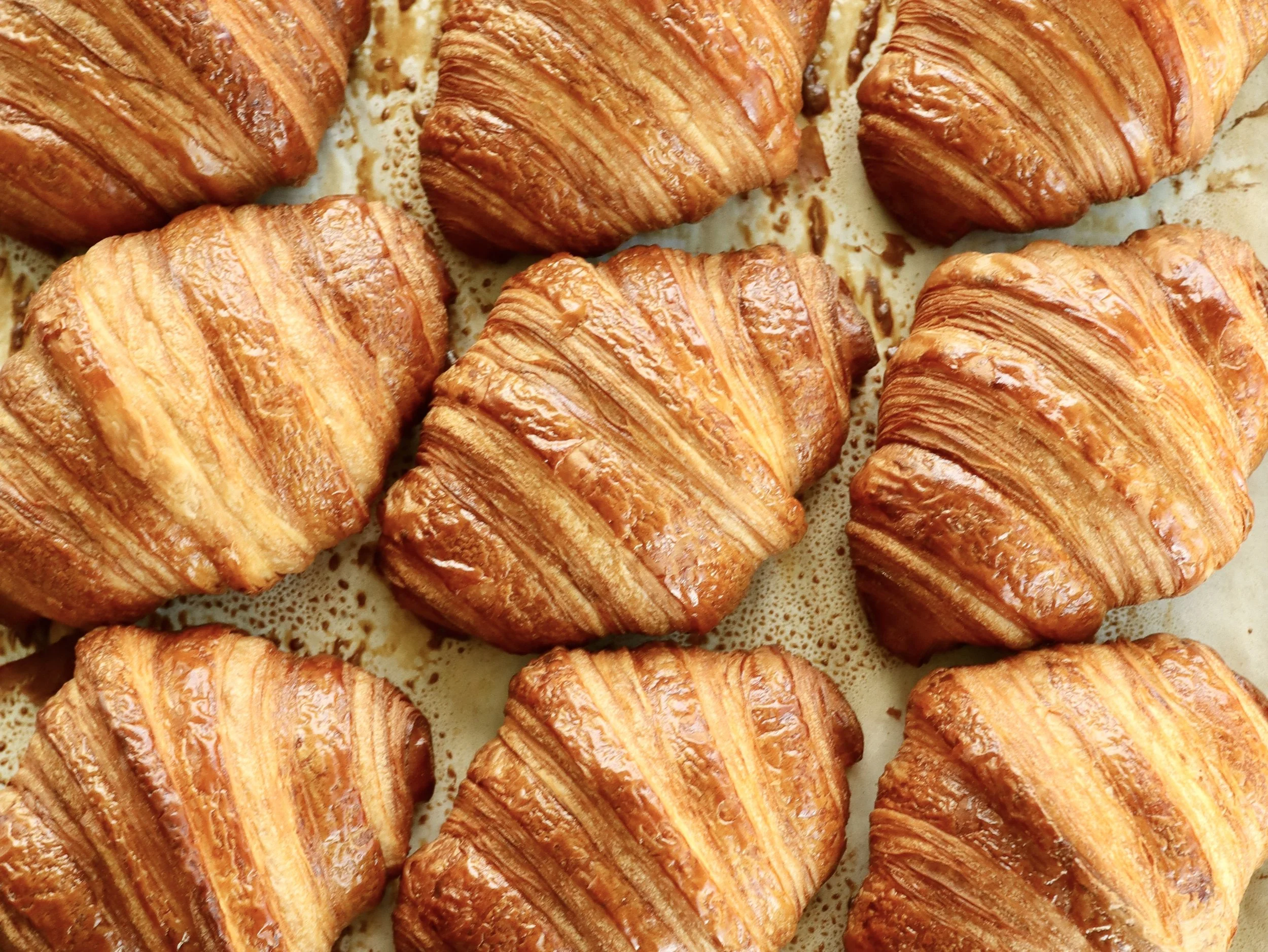 Close-up of several golden-brown croissants on a baking sheet