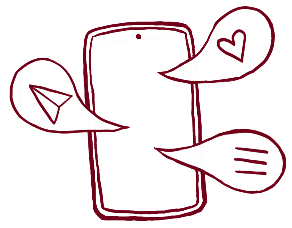 Drawing of phone with social media icons popping out of screen