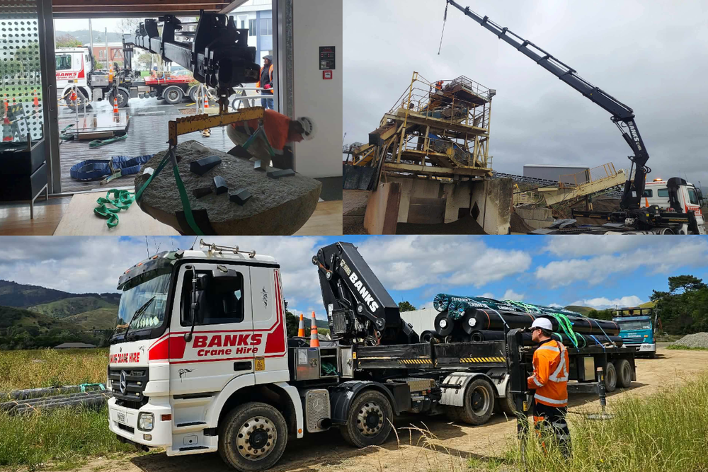 Banks HIAB trucks lifting indoors, working at a construction site and transporting pipe