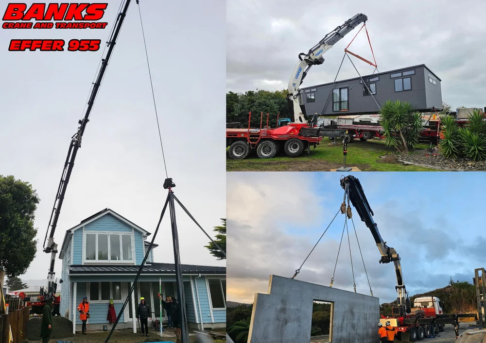 Banks Effer 955 lifting a cabin, precast panel and a load at roof level