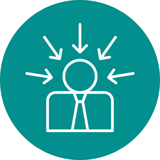 Icon of a person with short hair and wearing a tie, surrounded by arrows pointing inward towards the head, representing thinking or focus.