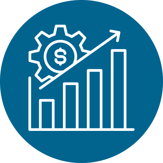 Icon of a gear with a dollar sign, a rising arrow, and bar graph showing increasing growth.