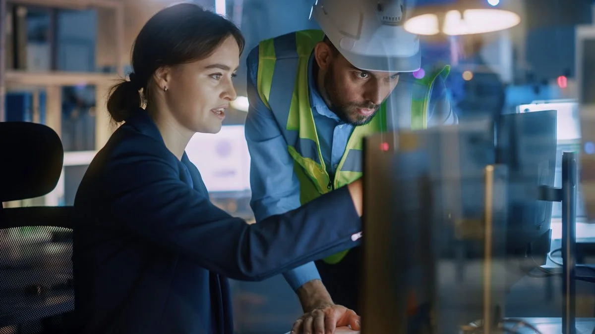 A woman and a man in safety gear look intently at a computer screen in an industrial setting, possibly a construction site or manufacturing plant.