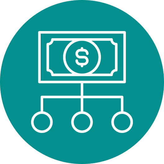 Icon of a dollar bill connected to three circles, representing financial flow or organization.