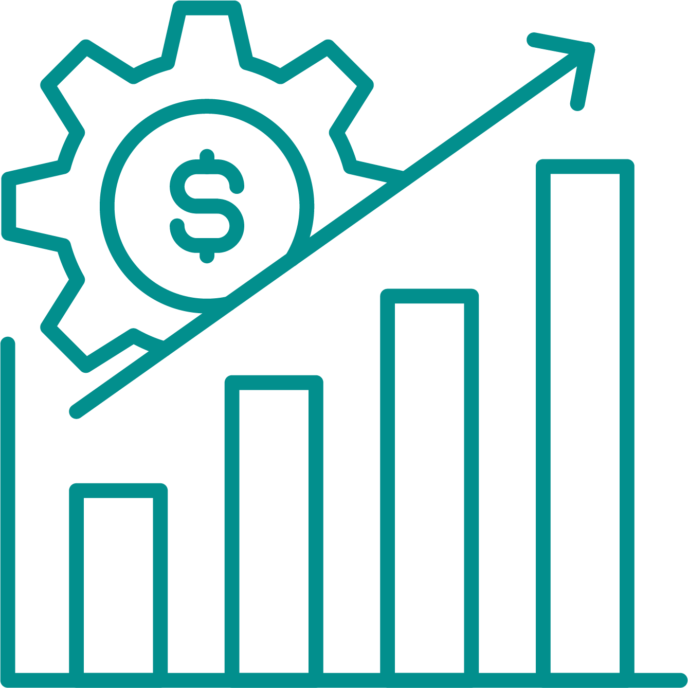 Line graph with ascending trend, gear with dollar sign inside, and upward arrow indicating growth in financial or economic productivity.