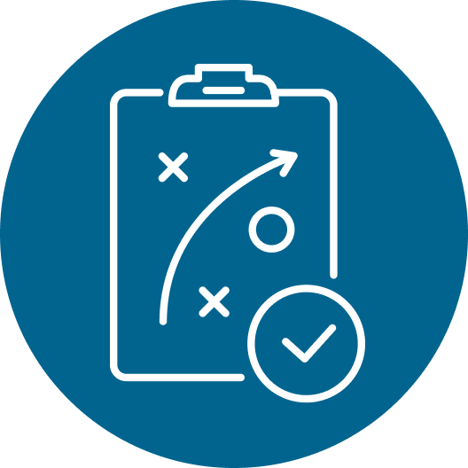 Icon of a clipboard with a strategic plan, including X's, O's, an arrow, and a checkmark, symbolizing planning or strategy.