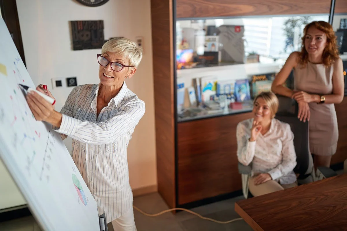 Three women in an office, one standing and writing on a whiteboard, two sitting and watching, and a third standing nearby smiling.