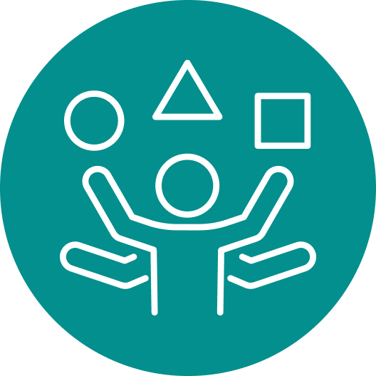 Line drawing of a person with four hands, surrounded by three geometric shapes: circle, triangle, and square.