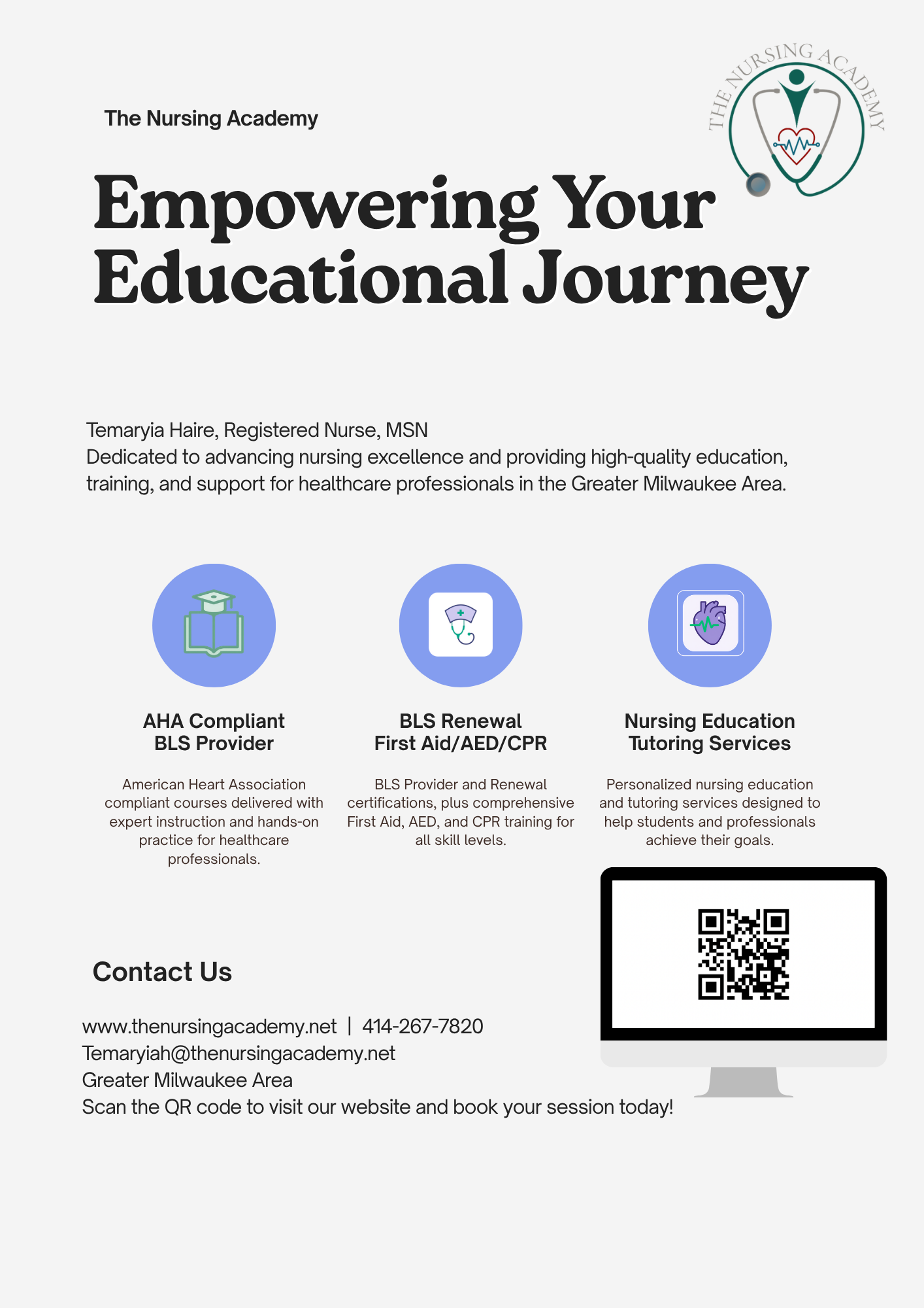 A flyer for The Nursing Academy featuring the slogan "Empowering Your Educational Journey", with icons representing education, healthcare, and nursing, and a QR code for contact and booking.